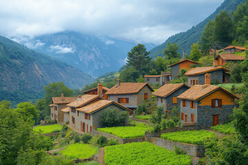 Photo r&eacute;aliste d&rsquo;un village isol&eacute; dans une vall&eacute;e escarp&eacute;e avec maisons en pierre et champs en terrasses