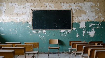 An empty classroom with faded walls and a chalkboard evokes a sense of nostalgia and the passage of time, the quiet space awaiting new stories.