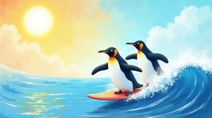 Obraz premium Penguin day surfing adventure ocean waves digital art sunny beach environment fun concept