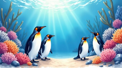 Naklejka premium Celebrating penguin day underwater colorful coral reefs ocean depths marine life vibrant habitat