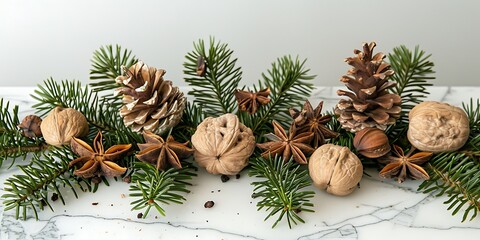 Christmas decor with green fir branches, walnuts, and star anise on a marble surface.