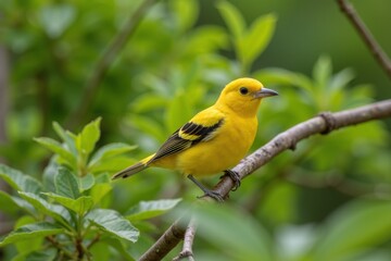Vibrant Yellow Bird Perched on a Branch Among Green Foliage