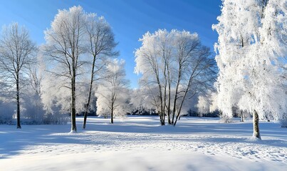 Obraz premium Frosty winter landscape with snow-covered trees under a clear blue sky. (1)