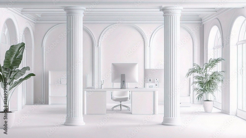Poster modern white office corner with columns and computer desk