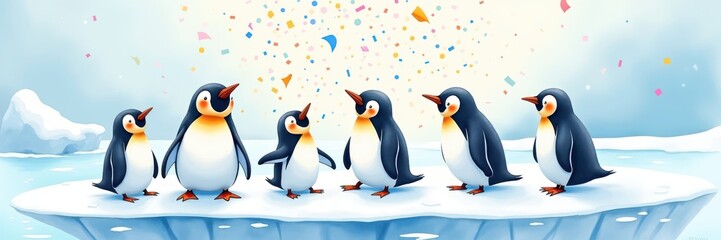 Naklejka premium Celebrating penguin day playful penguins on an icy landscape with colorful confetti in a winter wonderland