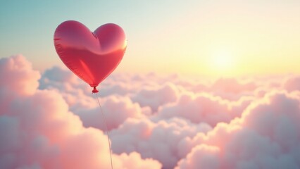 Fototapeta premium A glossy heart floats like a balloon amidst pastel clouds, symbolizing joy and love’s uplifting nature. Golden sunlight and a dreamy horizon enhance this whimsical, serene scene.