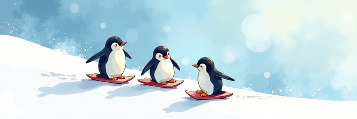 Naklejka premium Playful penguins sliding on snowy hills for penguin day celebration winter wonderland animated viewpoint
