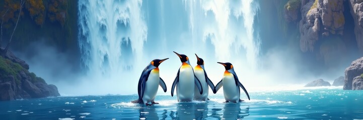 Fototapeta premium Penguin day celebration in nature waterfall background animals playing wildlife adventure scenic view