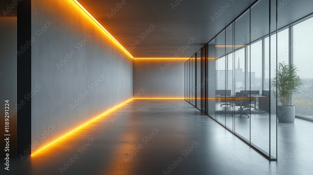 Poster empty modern office corridor features illuminated wall. contemporary design with empty space. ideal 