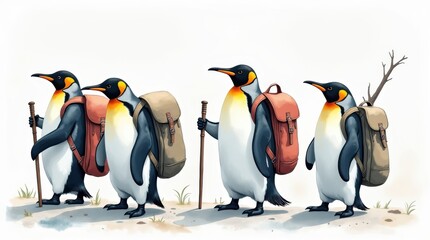 Fototapeta premium Penguin day celebration hiking penguins on a nature trail outdoor adventure fun concept