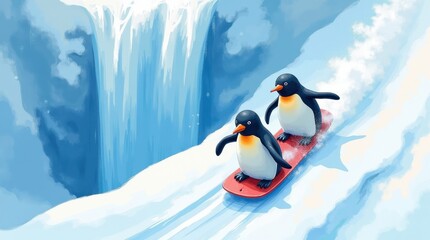 Obraz premium Penguin day adventure snowboarding penguins at a frozen waterfall in a winter wonderland