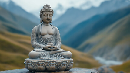 Fototapeta premium Peaceful Buddha statue meditating in tranquil mountain valley, symbolizing harmony, spirituality, and natural beauty in serene landscape photography