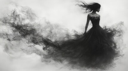 A silhouette of a woman in a flowing black dress surrounded by swirling smoke.