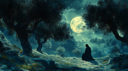 A dramatic view of Gethsemane&rsquo;s lush garden, olive trees glowing under the moon, Jesus kneeling alone at its center, nature&rsquo;s beauty enhancing the emotional solitude, serene and spiritual atmosphere,