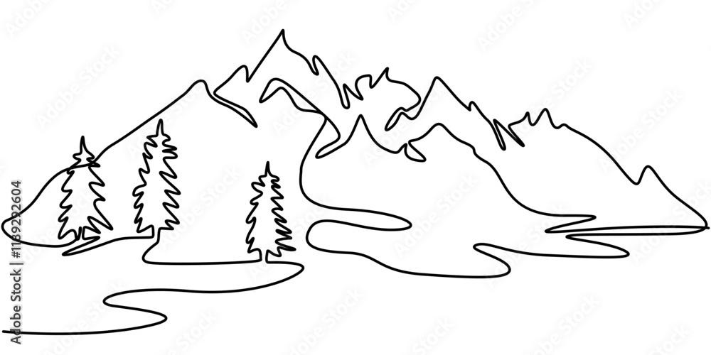 Poster one continuous line drawing of mountain range landscape, one continuous line drawing of mountain ran
