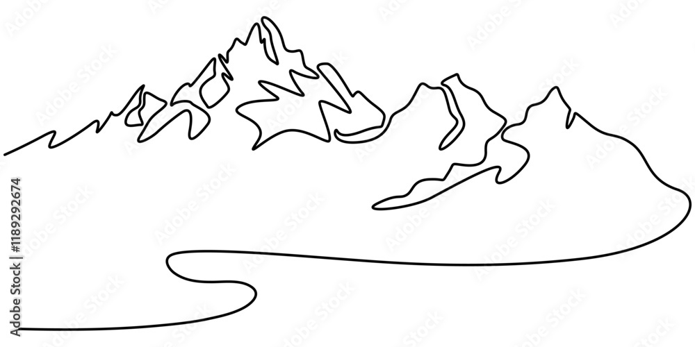 Poster one continuous line drawing of mountain range landscape, one continuous line drawing of mountain ran