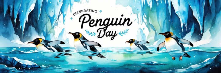 Naklejka premium Celebrating penguin day a festive gathering of penguins in icy waters vibrant arctic landscape joyful spirit