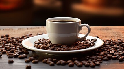 Fototapeta premium A photo of a coffee cup on a saucer with beans