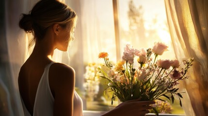 Woman holding flowers by a sunlit window