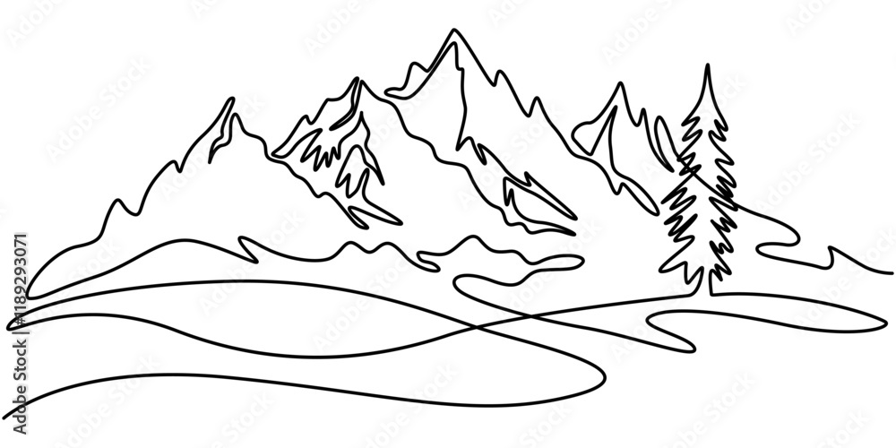 Poster one continuous line drawing of mountain range landscape, one continuous line drawing of mountain ran