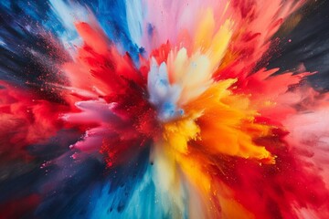 A stunning explosion of vibrant primary colors fills the canvas with bold hues, showcasing a dynamic blend of red, orange, yellow, blue, and white in a captivating artistic display
