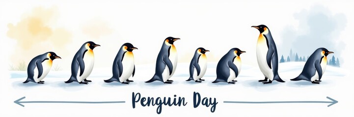 Fototapeta premium Celebrating penguin day spectacular penguin gathering in icy landscape fun illustration in a whimsical style