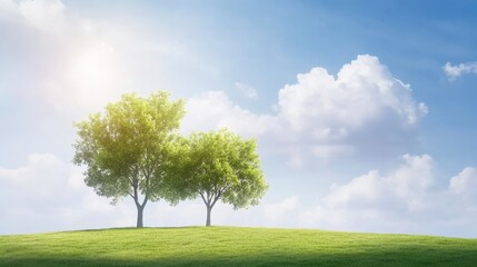 Fototapeta premium Sunny Green Champs - Two trees on a grassy hill under a bright sun and fluffy clouds. Symbolizing peace, nature, growth, hope, and serenity.