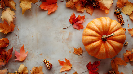 A Thanksgiving message is adorned with autumn leaves and a bright orange pumpkin.