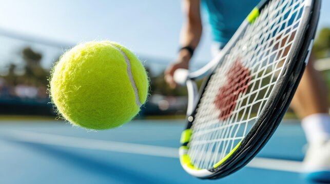 A tennis player skillfully returns a serve on a sunny court, the ball captured in a sharp close-up against a vibrant blue sky, reflecting athletic precision.