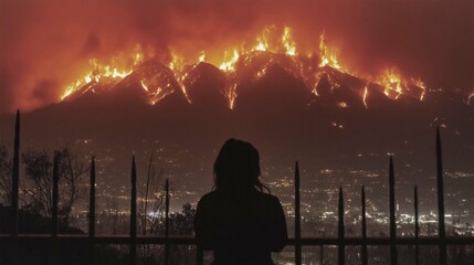 Silhouette of a Person Watching a Wildfire