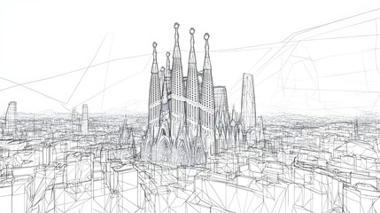 Obraz premium 3D wireframe vector illustration of Barcelona city featuring the Sagrada Familia. concepts like architectural visualization, cultural heritage, urban design, tourism and artistic representat