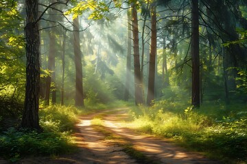 Fototapeta premium a natural landscape with dense forest with large trees and different botanical diversities in daylight