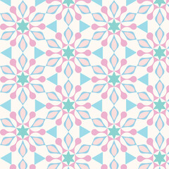 Fototapeta premium A seamless abstract geometric floral pattern featuring symmetrical shapes in pastel pink, blue, and mint green tones. This elegant design is perfect for wallpaper, fabric prints, digital backgrounds.