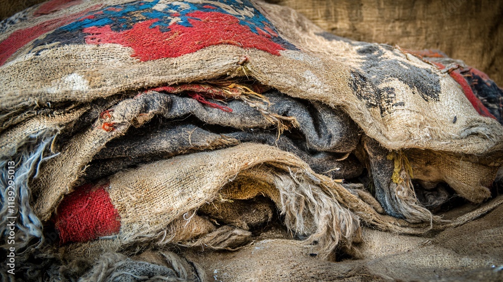Poster pile of old worn burlap sacks rustic texture background