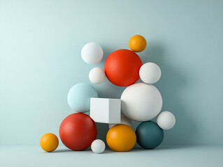 Colorful arrangement of geometric shapes on a pastel wall