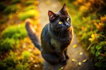 Obraz premium A black cat, back arched in defensive posture, is dramatically showcased in this high-angle drone photograph.