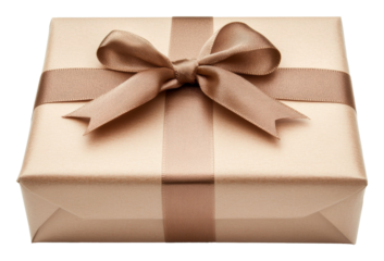 Gift box wrapped in gold paper with ribbon on transparent background, perfect for celebrations. Holiday surprise and joy concept