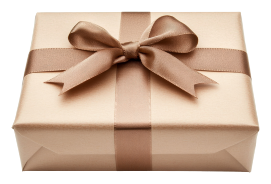 Gift box wrapped in gold paper with ribbon on transparent background, perfect for celebrations. Holiday surprise and joy concept