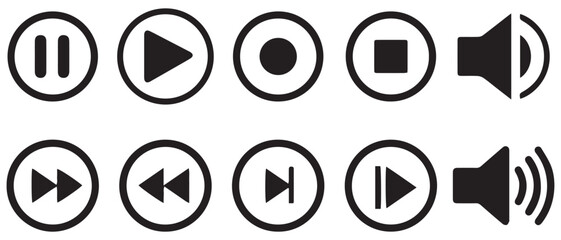 Elements for play streaming. Button icons. Music video start sign. Media player concept with a play button, volume, rewind, and forward. Vector illustration EPS 10