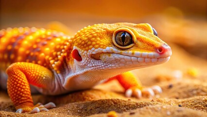 Close-up view of a super hypo tangerine leopard gecko, its orange scales gleaming in a macro shot.