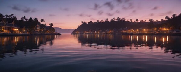 Serene bayside scene at dusk with warm moonlight casting a glow on the water, silvery, misty atmosphere