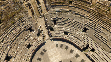Aerial view of the Flavian Amphitheater, located in Pozzuoli, near Naples. It is the third-largest Roman amphitheater in Italy. It was built by the same architects who constructed the Roman Colosseum.