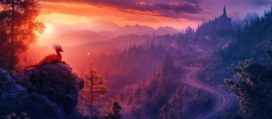 Dragon sunset fantasy landscape; mountain road, castle background
