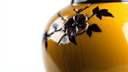 Close-up of an Antique Yellow Ceramic Vase with Floral Design
