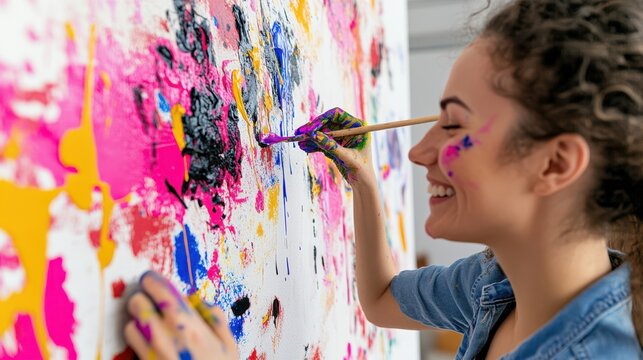 A colorful moment as a joyful artist adds a vibrant touch to a canvas with lively brush strokes, covered in playful splashes of paint. - Powered by Adobe