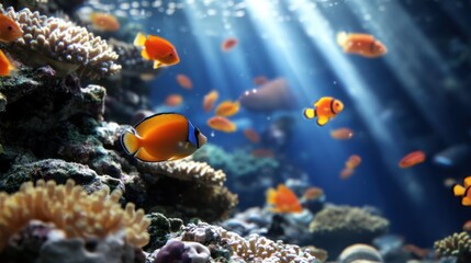 An enchanting underwater scene teeming with vibrant coral and colorful fish, bathed in sunlight filtering through clear blue waters.