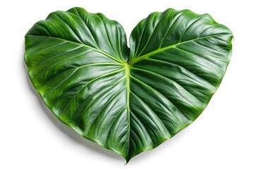 Dark green, heart-shaped leaves of an Alocasia Macrorrhizos, isolated; a tropical rainforest plant on white background.