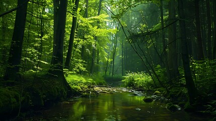 Obraz premium a natural landscape with dense forest with large trees and different botanical diversities in daylight