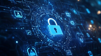 Digital Padlock on abstract technology background, Technology security concept. Modern safety digital background. Protection system