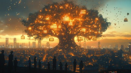 Obraz premium Illuminated tree with houses in a city at sunset.